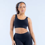 [LIMITLESS_COLOR:MIDNIGHT BLACK] DFYNE Origin Sports Bra — Midnight Black — frontal, escote redondeado