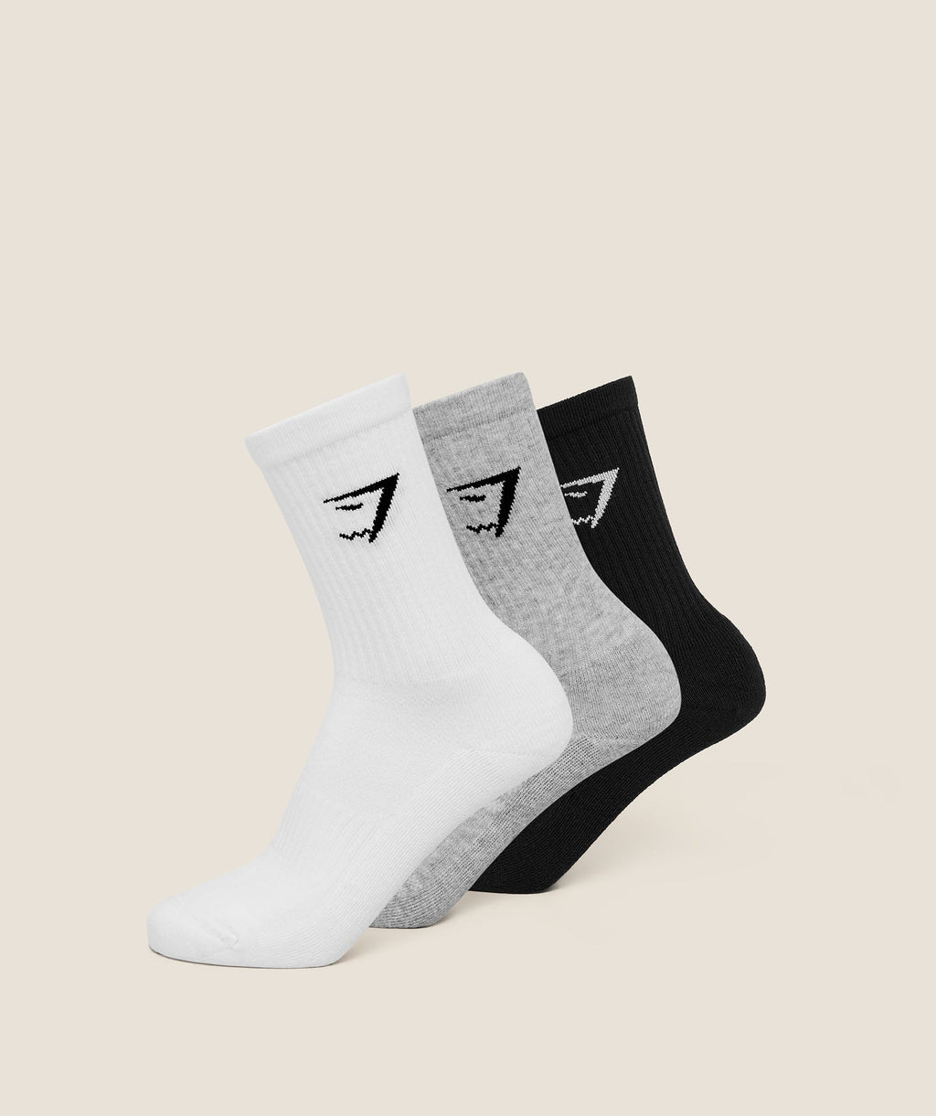 [LIMITLESS_COLOR:WHITE LIGHT GREY CORE MARL BLACK] GYMSHARK Crew Socks 3pk — WHITE LIGHT GREY CORE MARL BLACK — Vista oficial 1