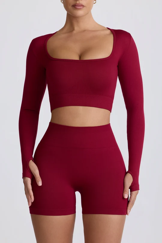 SUPER SCULPT SEAMLESS LONG-SLEEVE CROP TOP - BURGUNDY